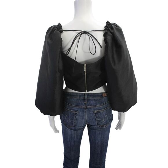 PatBO Womens Cropped Long Puff Sleeve Square Neck Blouse Black Size 4 - Picture 3 of 6